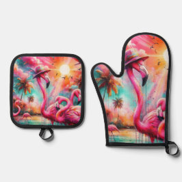 organisatie voor tropische roze flamingo's en palm ovenwant & pannenlap set