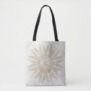 Organische boho stijl zonnevlam mandala goud wit tote bag