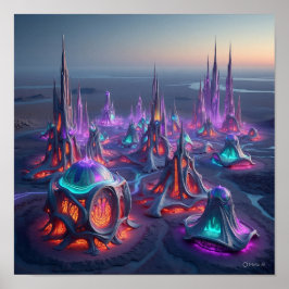 Organische buitenaardse stadsgebouwen poster