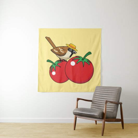 Organische lover Sparrow Eating Red Tomato Wandkleed (In situ)