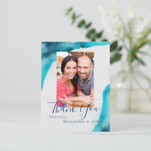 Organische Ocean Blue Waterverf Dank u Briefkaart (Staand voorkant)