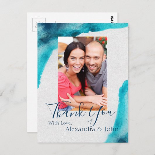 Organische Ocean Blue Waterverf Dank u Briefkaart (Voorkant / Achterkant)