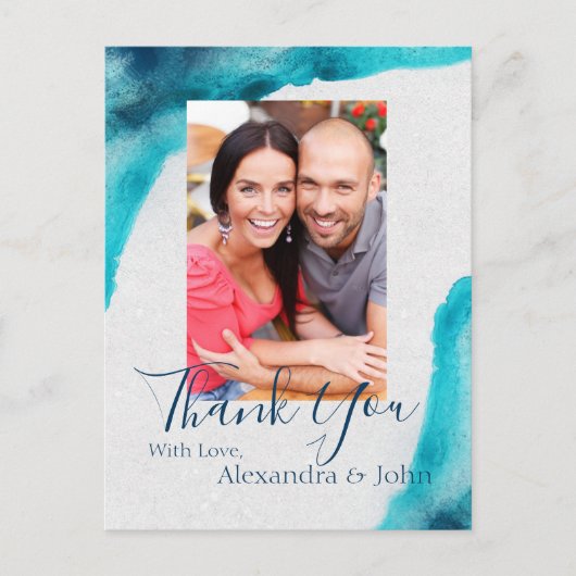 Organische Ocean Blue Waterverf Dank u Briefkaart (Voorkant)