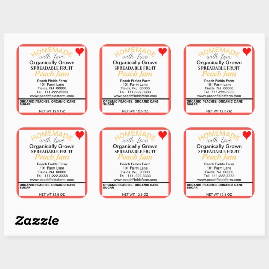 Organische perzik jam inblikken rood hart vierkante sticker (Vel)