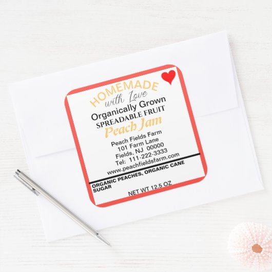 Organische perzik jam inblikken rood hart vierkante sticker (Envelop)
