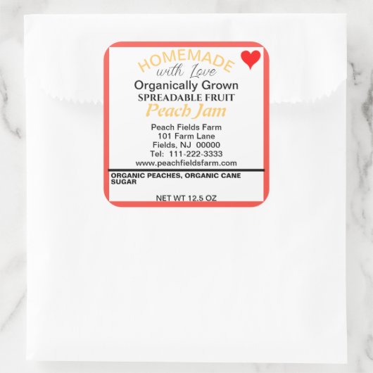 Organische perzik jam inblikken rood hart vierkante sticker (Tas)