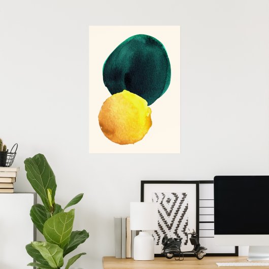 Organische vorm Abstracte Waterverf Geel Groen Poster (Thuiskantoor)