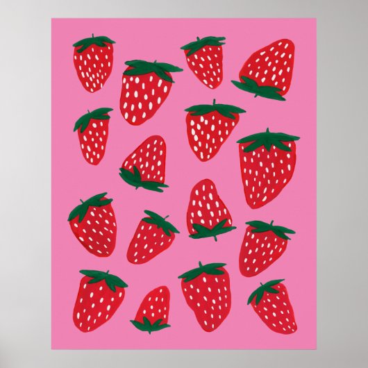 Organische zomeraardbeien rode of roze achtergrond poster (Voorkant)