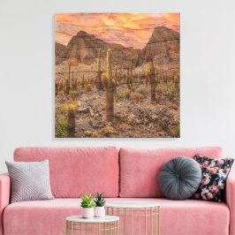 Orgelpijpcactus op houtnerf zonsondergang foto canvas afdruk