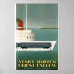 Orient Express Train Ferry Art Deco Poster<br><div class="desc">Reproductie van een Orient Express-reisposter. Het geeft een idee voor een treinveerboot,  dat nooit werd gerealiseerd. Schitterende Art Deco Style,  in aqua,  blauw,  wit,  geel en een rode rokestack op de veerboot.</div>