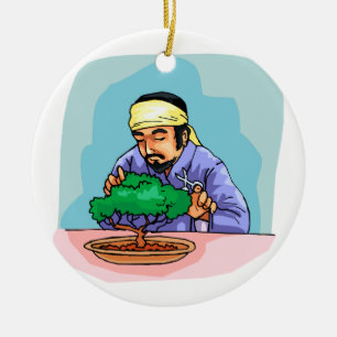 Oriënt Man met hoofdband die Bonsai in orde maakt Keramisch Ornament