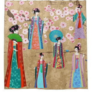 Orientaal meisje in retro costumejapans, chinees, douchegordijn
