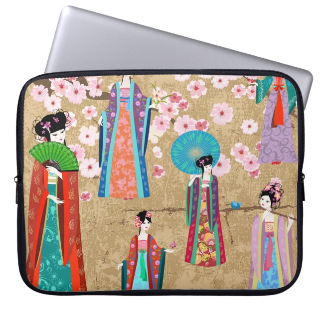 Orientaal meisje in retro costumejapans, chinees,  laptop sleeve (Voorkant)