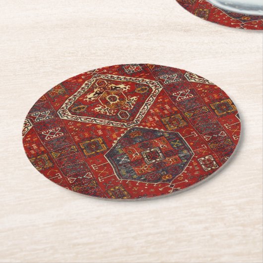 Orientaal tapeontwerp in donkerrood ronde kartonnen onderzetter (Gebogen)