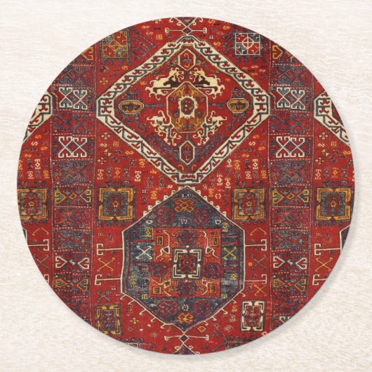 Orientaal tapeontwerp in donkerrood ronde kartonnen onderzetter (Voorkant)