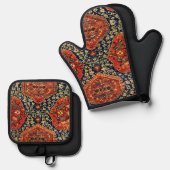 Orientaal tapijt blauw en oranje ovenwant & pannenlap set (Voorkant / Achterkant)