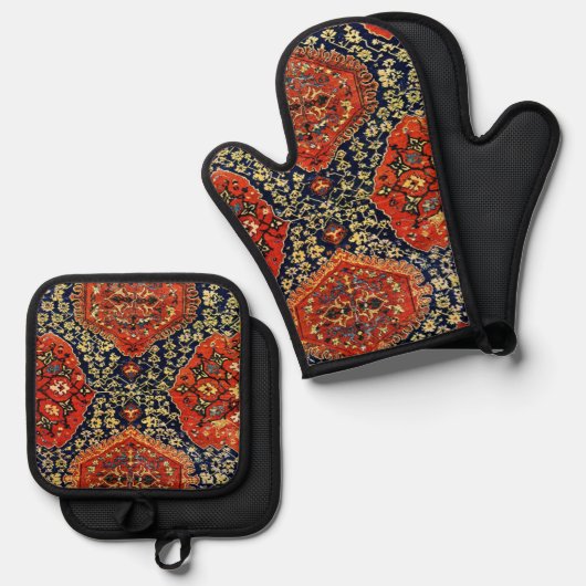 Orientaal tapijt blauw en oranje ovenwant & pannenlap set (Voorkant / Achterkant)