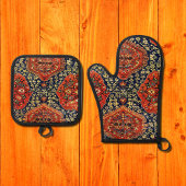 Orientaal tapijt blauw en oranje ovenwant & pannenlap set