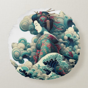 Oriëntaalse abstracte Geisha Kanagawa zwaait met w Rond Kussen