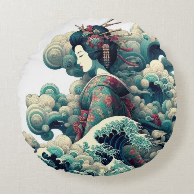 Oriëntaalse abstracte Geisha Kanagawa zwaait met w Rond Kussen (Voorkant)