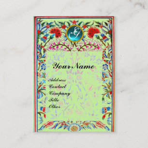 ORIËNTAALSE BLOEMEN DAMAST MONOGRAM Blauw Groen Visitekaartje
