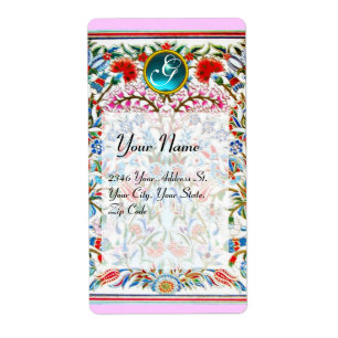 ORIËNTAALSE BLOEMEN DAMAST MONOGRAM Blauw Roze Etiket