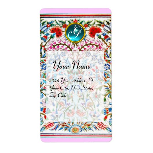 ORIËNTAALSE BLOEMEN DAMAST MONOGRAM Blauw Roze Etiket (Voorkant)