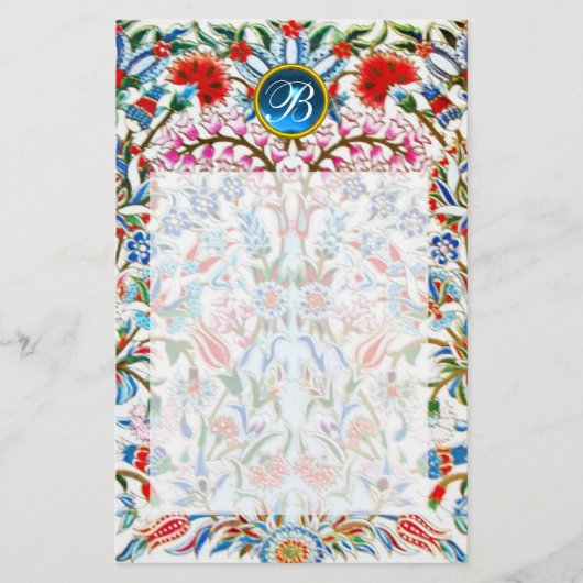 ORIËNTAALSE BLOEMEN DAMAST MONOGRAM Blue Sapphire Briefpapier (Voorkant)