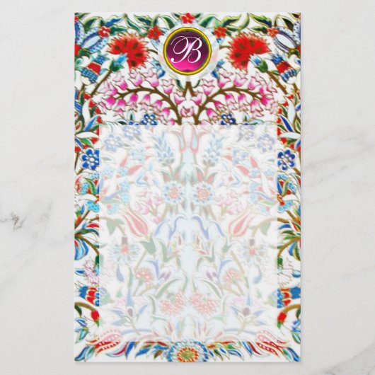 ORIËNTAALSE BLOEMEN DAMAST MONOGRAM Roze Amethist Briefpapier (Voorkant)