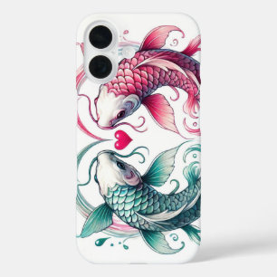 Oriëntaalse roze en blauwgroen liefde hart koi tat iPhone 16 hoesje