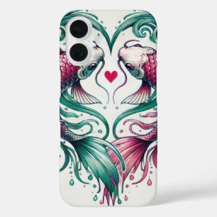 Oriëntaalse roze en blauwgroen liefde hart koi tat iPhone 16 hoesje