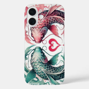 Oriëntaalse roze en blauwgroen liefde hart koi tat iPhone 16 hoesje