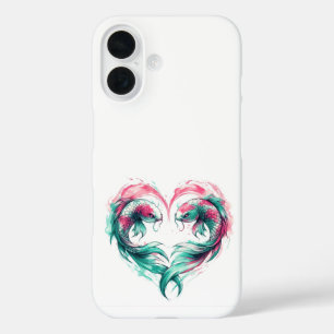 Oriëntaalse roze en blauwgroen liefde hart koi tat iPhone 16 hoesje