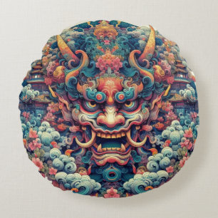 Oriëntaalse symmetrische abstracte Oni demon gezic Rond Kussen