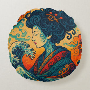 Oriëntaalse vector abstracte Geisha Kanagawa-golve Rond Kussen