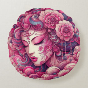 Oriëntaalse vector abstracte Geisha roze fractale  Rond Kussen