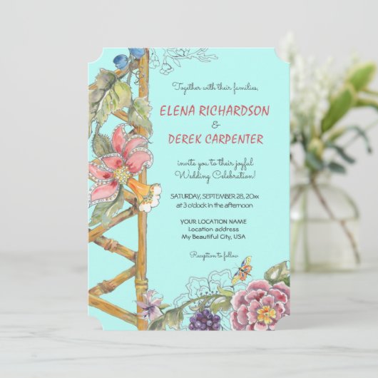 Oriental Aqua Floral Classic Chinoiserie Wedding Kaart (Staand voorkant)