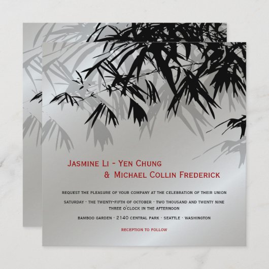 Oriental Bamboo Leaves Black Silver Asian Wedding Kaart (Voorkant / Achterkant)