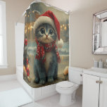 Oriental Blue Cat Christmas  Beach Douchegordijn<br><div class="desc">Breng de warmte van de feestdagen naar de kust met dit charmante, op vintages geïnspireerde ontwerp met een feestelijke kat die op een sereen strand zit. Met een klassieke vakantietoets van nostalgische tinten en kustvibes, vangt dit kunstwerk de magie van Kerstmis door het zee. Perfect voor het verspreiden van feestvreugde,...</div>