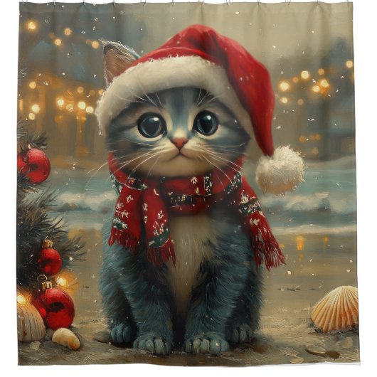 Oriental Blue Cat Christmas  Beach Douchegordijn (Voorkant)