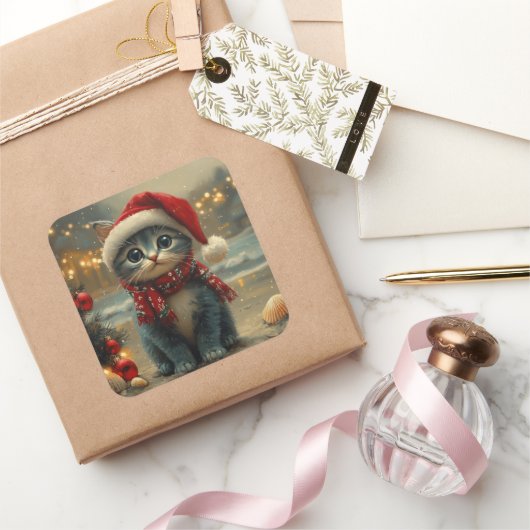 Oriental Blue Cat Christmas Beach Vierkante Sticker (Geschenken)