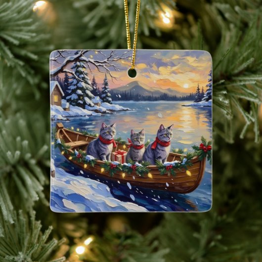 Oriental Blue Cat Christmas Boat Holiday Keramisch Ornament (Boom)