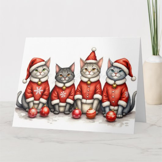 Oriental Blue Cat Christmas Dress Santa Hat Kaart (Voorkant)