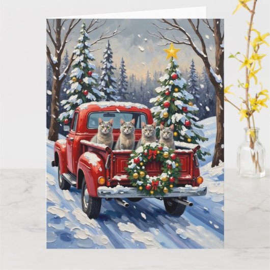 Oriental Blue Cat Christmas Red Truck Holiday Kaart (Gele Bloem)