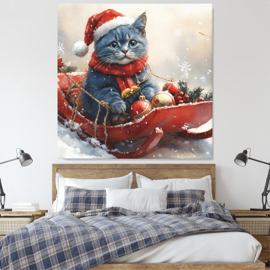 Oriental Blue Cat in Sledge Laat het Sneeuw Kerstm Canvas Afdruk (Insitu (Slaapkamer))