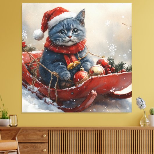 Oriental Blue Cat in Sledge Laat het Sneeuw Kerstm Canvas Afdruk (Insitu (Woonkamer))