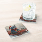 Oriental Blue Cat in Sledge Laat het Sneeuw Kerstm Glazen Onderzetter (Schuin)