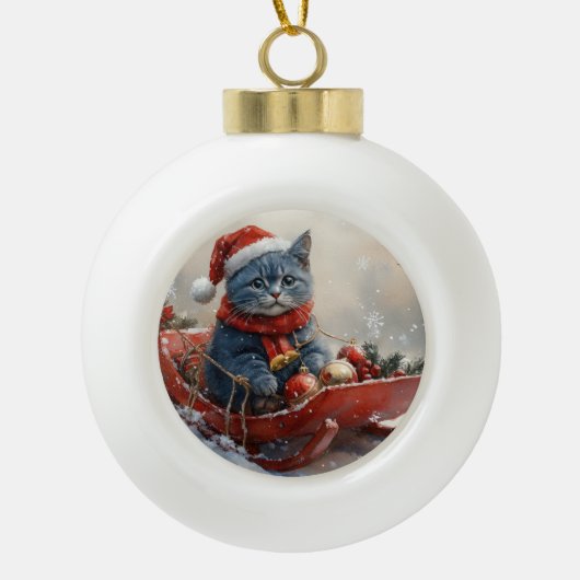 Oriental Blue Cat in Sledge Laat het Sneeuw Kerstm Keramische Bal Ornament (Voorkant)