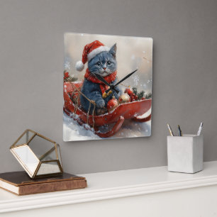 Oriental Blue Cat in Sledge Laat het Sneeuw Kerstm Vierkante Klok