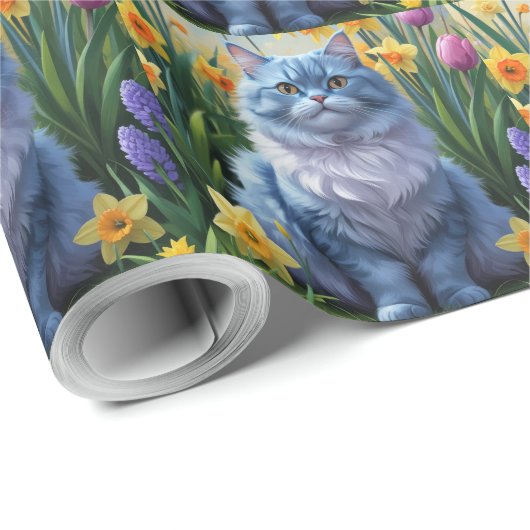 Oriental Blue Cat Spring Bloemen Schilderij Cadeaupapier (Rol Hoek)
